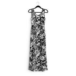 VTG Jams‎ World Maxi Dress SZ Small Soho black white floral Pockets Hawaiian